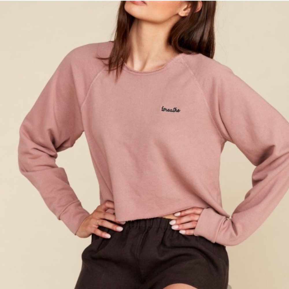 MATE THE LABEL BRAND STRETCH BLUSH MAUVE BOHO DISTRESS SWEATSHIRT CROP TOP S